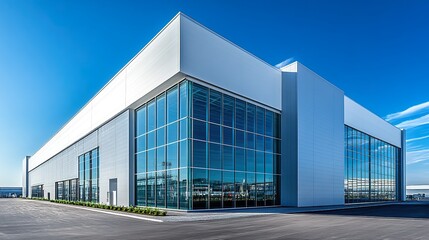 Obraz premium A sleek, modern factory with minimalist architecture and large glass windows allowing natural light