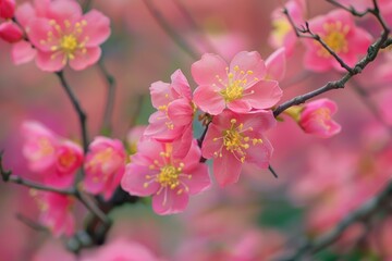 Obraz premium Pink flowers blooming on a branch, creating a beautiful spring scene