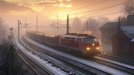 Fototapeta premium Scenic View of a Vintage Train Traveling Through a Snow-Covered Landscape at Sunrise, Capturing the Essence of Winter Tranquility and Nostalgic Journeys