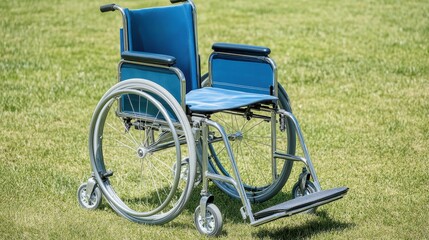 Empty blue wheelchair positioned on green grass under sunlight, representing accessibility, independence, and mobility in outdoor environments for individuals with disabilities.