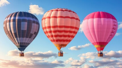 Fototapeta premium heic Mlops Martech saas Kubernetes backup Thumbnail Esg fintech Telegram channel Helium 10 Second state Dezgo Three colorful hot air balloons with striped patterns floating in blue sky soft clouds, p