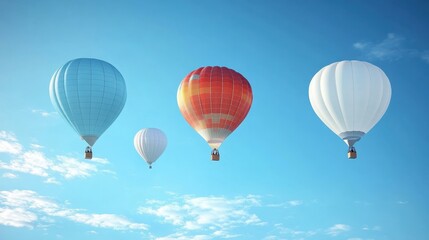Fototapeta premium Colorful hot air balloons floating in clear blue sky, scenic outdoor adventure, travel and vacation concept, summer festival, peaceful bright clouds background, inspirational landscape image