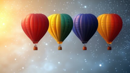 Obraz premium Colorful red green blue orange hot air balloons floating in sky with sunflare and starry background for travel adventure vacation leisure festival celebration