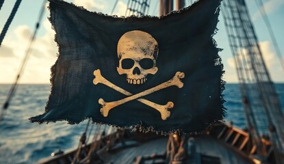  Pirate flag with skull and crossbones on a ship, close-up