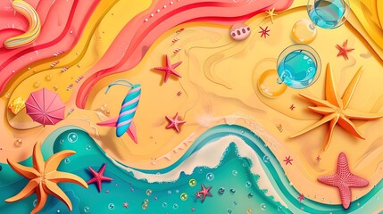 Fototapeta premium Colorful Summer Beach Scene with Starfish and Drinks