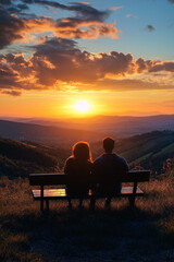 Obraz premium Scenic view of a couple sitting on a wooden bench at the edge of a hill, watching the sunset over a picturesque valley, romantic vacation moment.