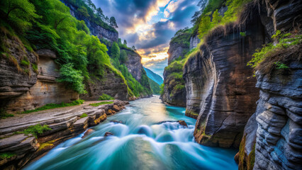 breathtaking canyon landscape featuring winding river surrounded by steep cliffs and lush greenery, illuminated by dramatic sky at sunset