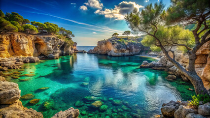 Obraz premium sun drenched rocky cove with deep turquoise waters, surrounded by lush greenery and rocky cliffs, creates serene and picturesque landscape perfect for relaxation