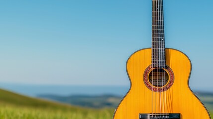 Beautiful Acoustic Guitar on Green Grass with Blue Sky and Ocean View in the Background, Perfect for Music and Nature Lovers' Relaxing Moments