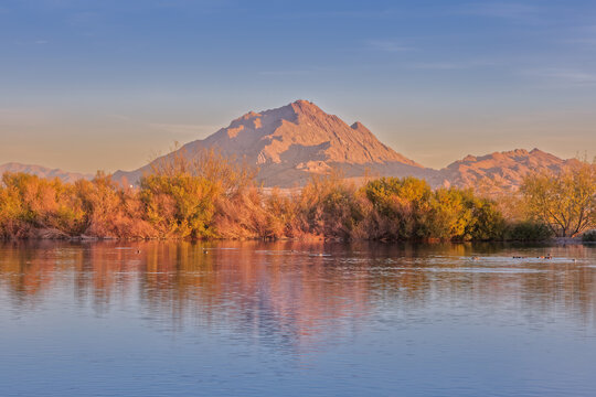 Las Vegas Valley's Frenchman Mountain Reflected in Pond in the Morning