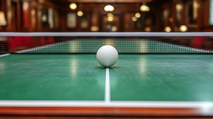 White ping pong ball on green table.