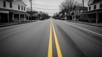 Obraz premium Empty urban road with yellow lines on cloudy day.