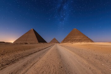 An enchanting view of the famous Egyptian pyramids illuminated by the ethereal glow of a star-studded night sky, captivating in its beauty and grandeur.