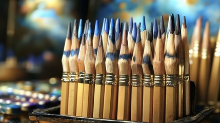 Close-up of sharpened wooden pencils with blue tips standing upright on wooden shelf for education, school, office supplies, creative work, colorful blurred background with warm light and bokeh effec