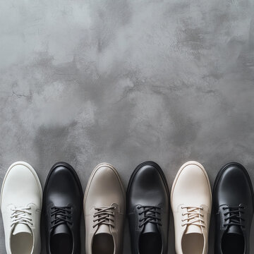 Row of black and white shoes on gray background.