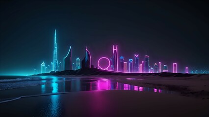 illustration of Dubai city skyline at night with bright neon colors
