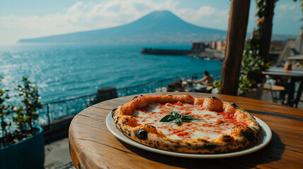 Enjoying authentic pizza with a view of Mount Vesuvius in a coastal setting