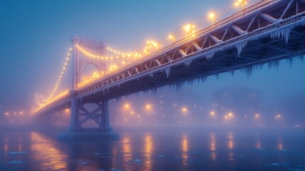 Fototapeta premium Illuminated bridge in winter fog with glowing lights and icicles