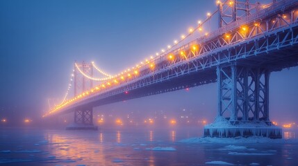 Illuminated bridge at dusk with snow and ice reflections on river