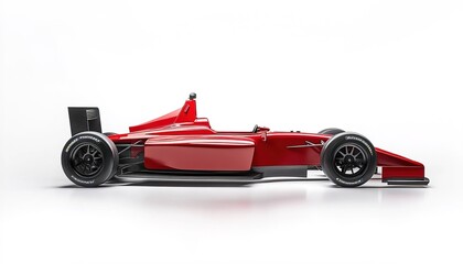 A red Formula race car with black wheels, on a white background, in a side view.