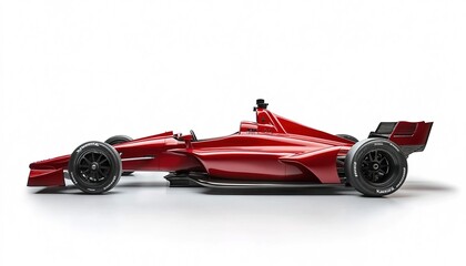 A red Formula race car with black wheels, on a white background, in a side view.