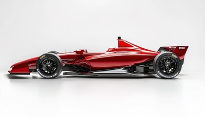 A red Formula race car with black wheels, on a white background, in a side view.