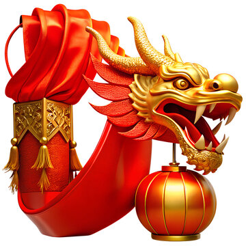 Red Flag with Golden Dragon Head Decorated with Traditional Chinese Lanterns