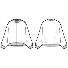 
Technical flat sketch of Oversized Bomber Jacket. Front zip up loose fit outer with rib trim and shirring details. 