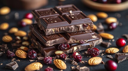 Rich dark chocolate with almonds and cranberries on black surface