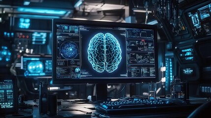 Fototapeta premium A computer monitor displays an AI brain with multiple segments, surrounded by medical equipment and digital screens in the background