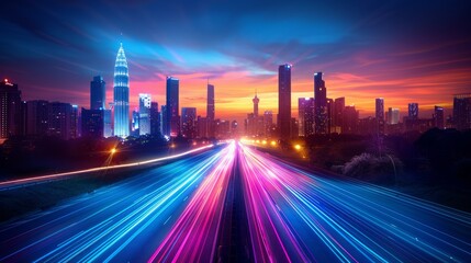 Fototapeta premium Vibrant city skyline at sunset with light trails on highway.