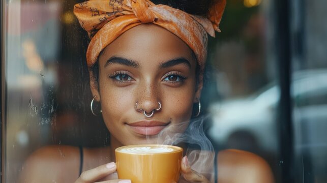 Portrait of young hipster dark-skinned girl with nose-ring and do-rag on her head, enjoying hot coffee or tea, looking through window with pensive expression, thinking and making plans for day