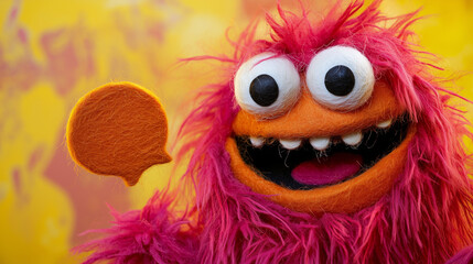 happy monster made of felt, with a speech bubble