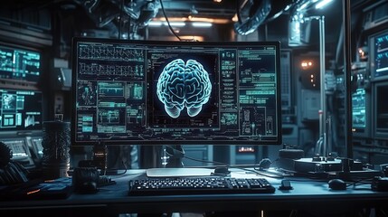 Fototapeta premium A computer monitor displays an AI brain with multiple segments, surrounded by medical equipment and digital screens in the background