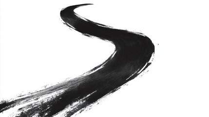 A long road made of thin black ink brush stroke on a white background.