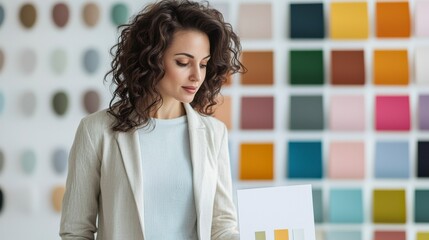 Professional woman examining color palette in modern studio surrounded by vibrant paint samples in organized display, showcasing creativity in design and art selection.