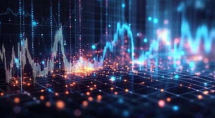Obraz premium A digital landscape of glowing data points and graphs, representing the advanced technology behind AI financial analytics.