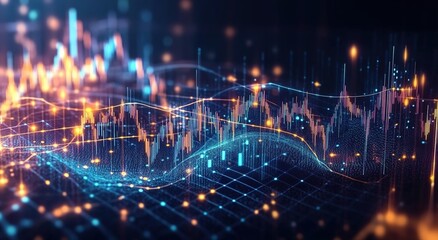 Fototapeta premium A digital landscape of glowing data points and graphs, representing the advanced technology behind AI financial analytics.