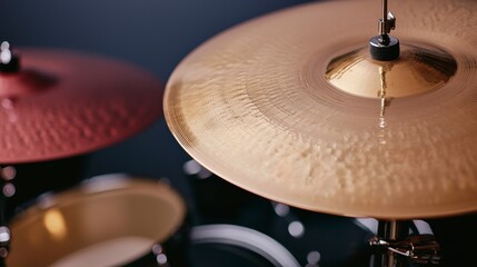 Obraz premium Close-Up Image of Shiny Drum Cymbals Glimmering Under Soft Light, Capturing the Textured Surface and Reflections in an Artistic Display of Musical Instruments