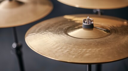 Close-up View of Polished Drum Cymbals Reflecting Light in a Music Studio Setting, Capturing the Intricate Details and Textures of Quality Instrumentation