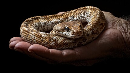 Naklejka premium Coiled Snake on Hand Close-Up High Fidelity Dark Background