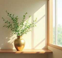 Fototapeta premium Golden Vase with Greenery by Window Light.