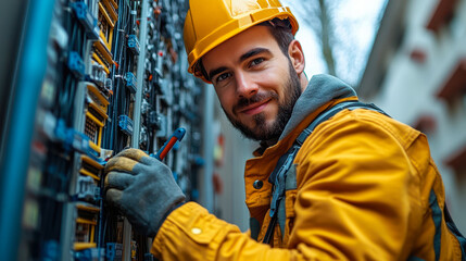 Fiber Optic Installation by Engineer at Residential Home on Ladder Tool Belt Setup