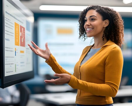 A confident woman presenting ideas on a digital screen in a modern office environment, showcasing effective communication skills.