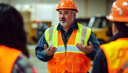 A construction supervisor instructing workers in a safety meeting, showcasing teamwork and communication in a warehouse setting.