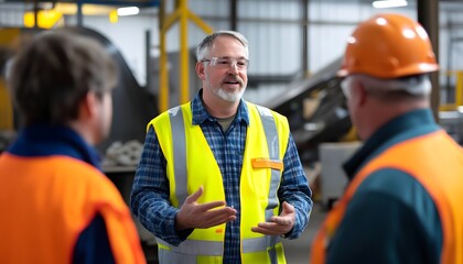 A factory manager discusses safety protocols with team members in a vibrant industrial setting.