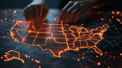 Futuristic us map with glowing borders highlighting technology and innovation