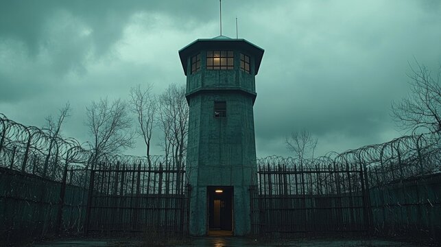 Eerie prison guard tower at dusk with barbed wire and overcast sky