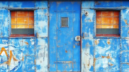 Naklejka premium Rusty blue metal door with peeling paint and orange window shutters, weathered facade suitable for urban background, industrial design, grunge texture, vintage style, outdoor scene, rustic charm, old