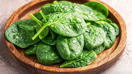 Fresh Spinach Leaves with Water Droplets on a Wooden Plate, Perfectly Fresh and Green for Healthy Cooking, Salads, and Smoothies